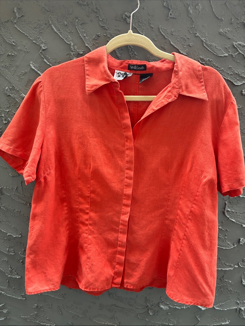 100% Irish Linen Boxy Coral Placket Button  Short-Sleeve pleated Top Sz S